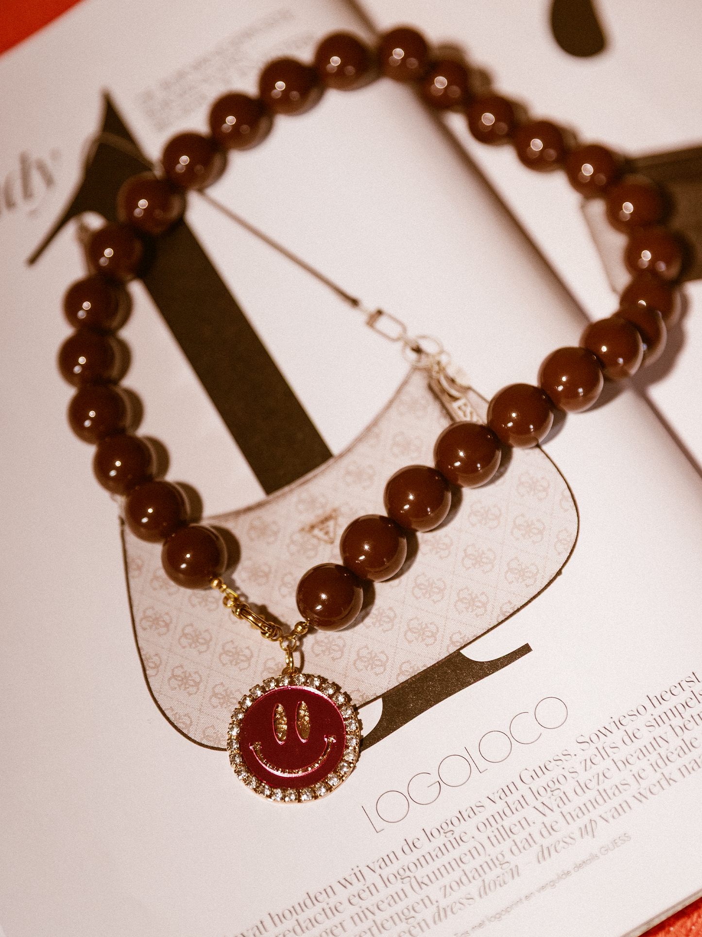 Ketting Kralen Smiley Roze - Dark Brown