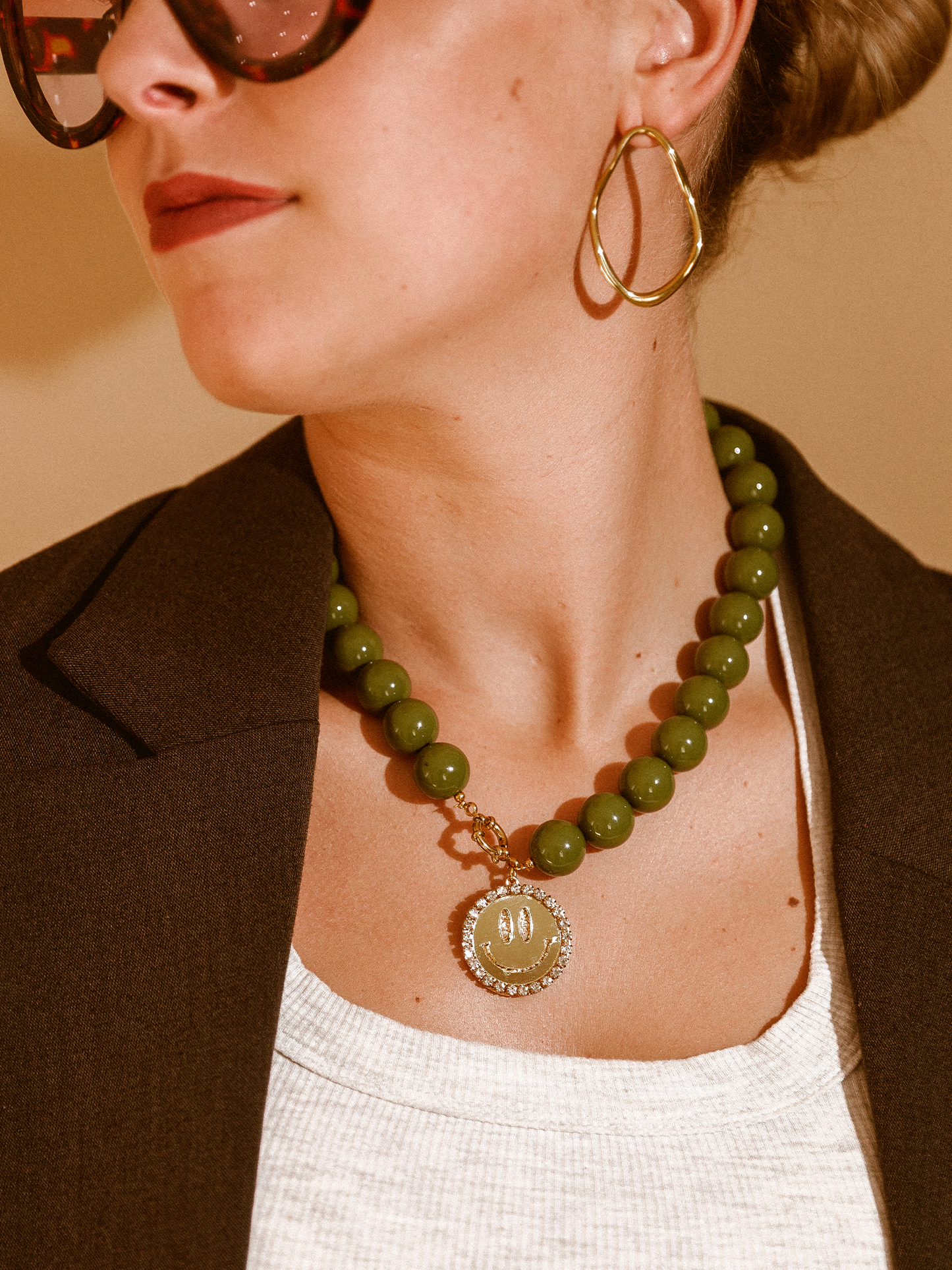 Ketting Kralen Smiley Gold - Olive Green