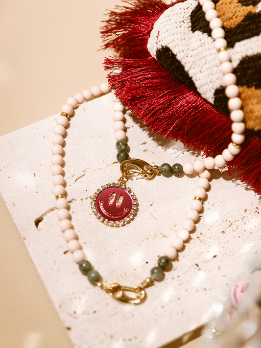Ketting Kralen Smiley Roze - Zalm/Green