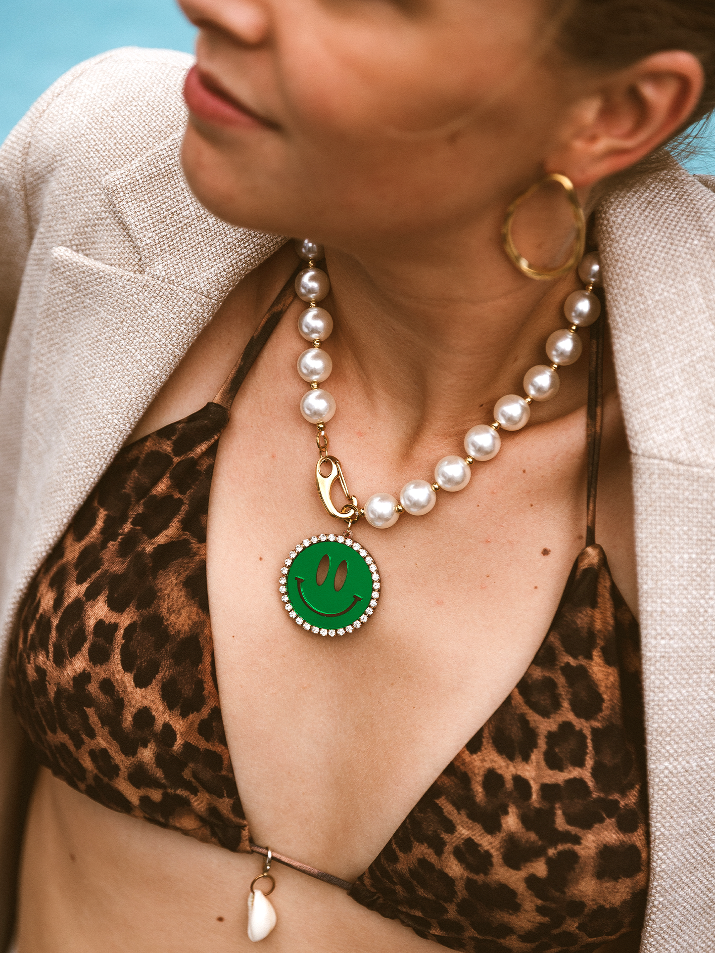 Parel Ketting Bo Smiley Groen Groot - Goud
