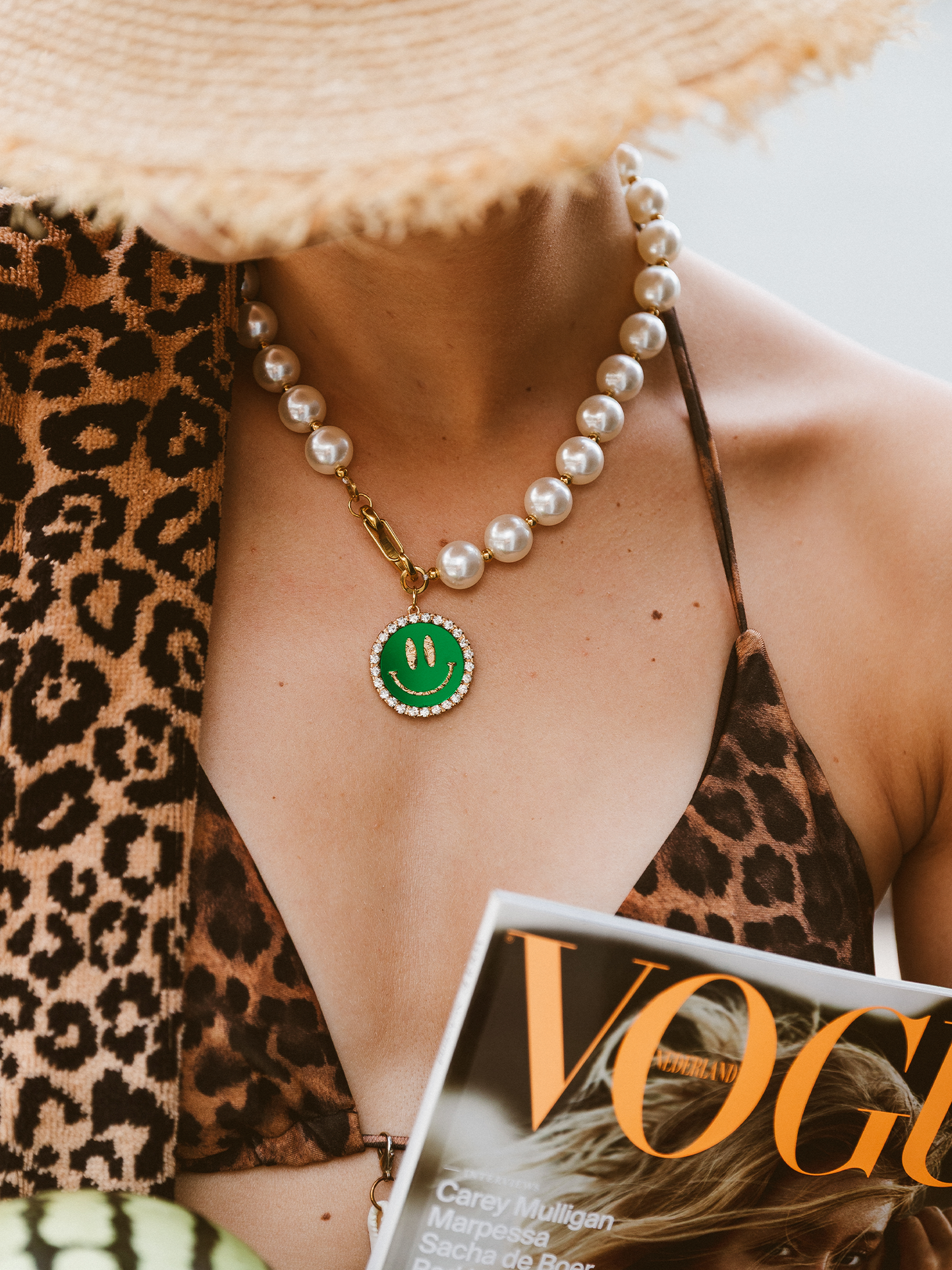 Parel Ketting Smiley Groen - Goud