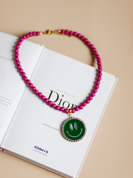 Ketting Kralen Smiley Green - Pink