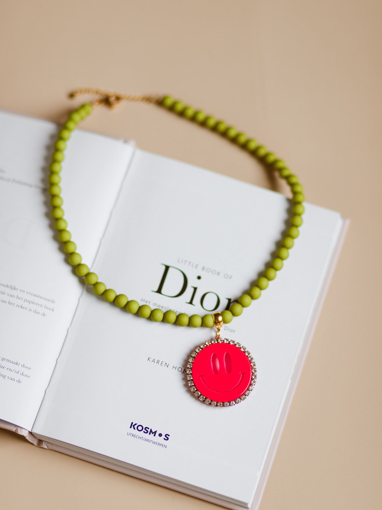 Ketting Kralen Smiley Neon Pink - Olive Green