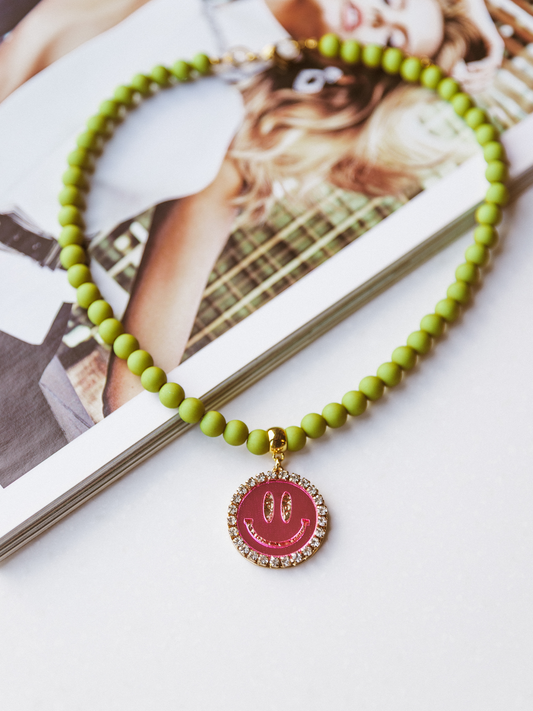 Ketting Kralen Smiley Pink - Olive Green