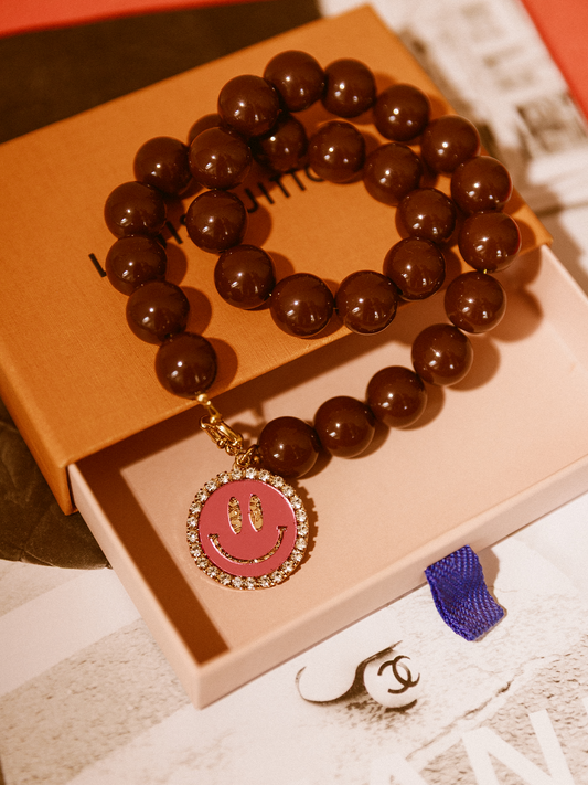 Ketting Kralen Smiley Roze - Dark Brown