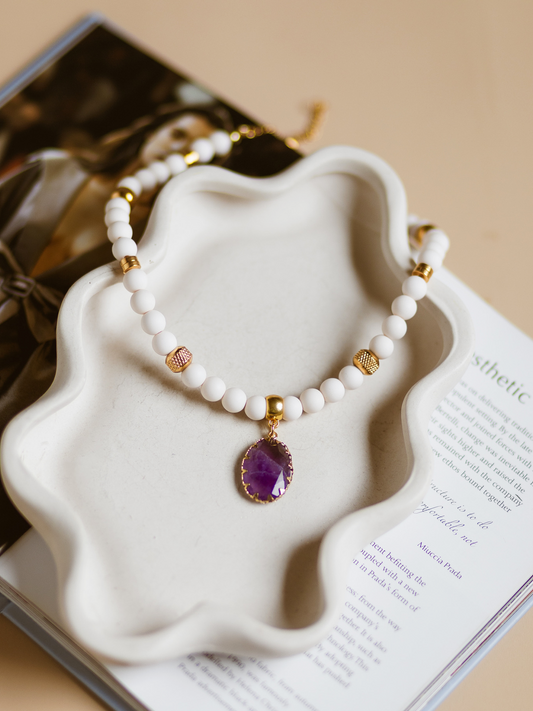 Ketting Kralen Stone Purple - White