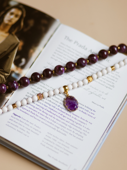 Ketting Kralen Stone Purple - White