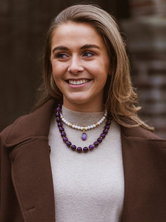 Ketting Kralen Stone Purple - White