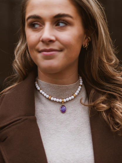Ketting Kralen Stone Purple - White