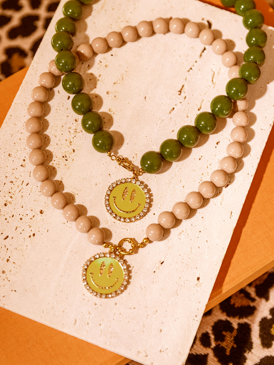 Ketting Kralen Smiley Gold-  Beige/brown