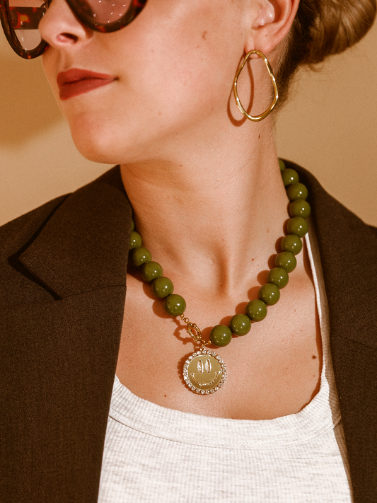 Ketting Kralen Smiley Gold - Olive Green