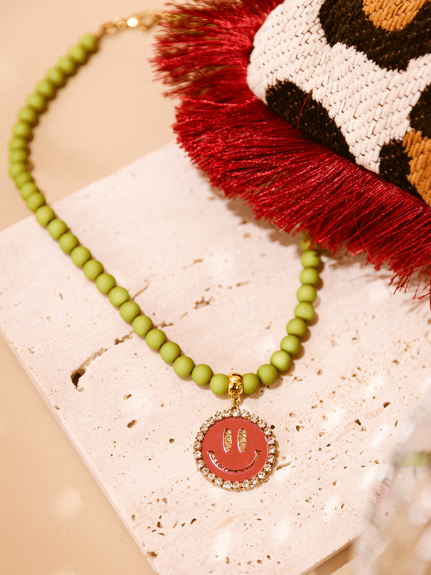 Ketting Kralen Smiley Pink - Olive Green