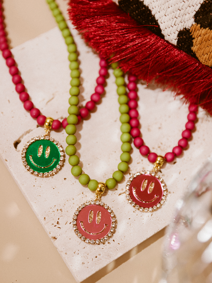 Ketting Kralen Smiley Pink - Olive Green