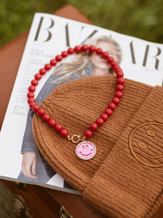 Ketting Kralen Smiley Roze -  Bordeaux Rood