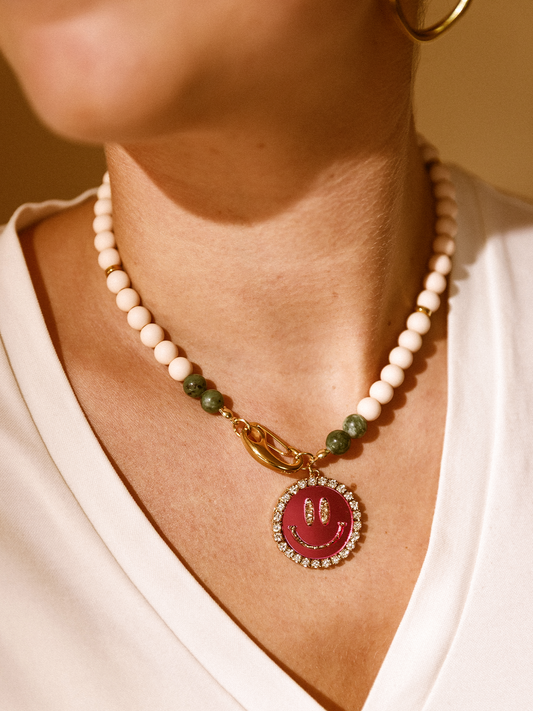 Ketting Kralen Smiley Roze - Zalm/Green