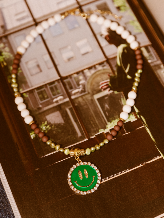 Limited Ketting Kralen Smiley Green - Brown/White
